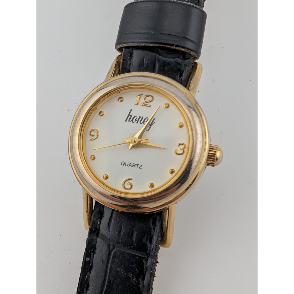 Honey Women's Watch 23mm Gold Case Black Faux Leather Band- New Battery